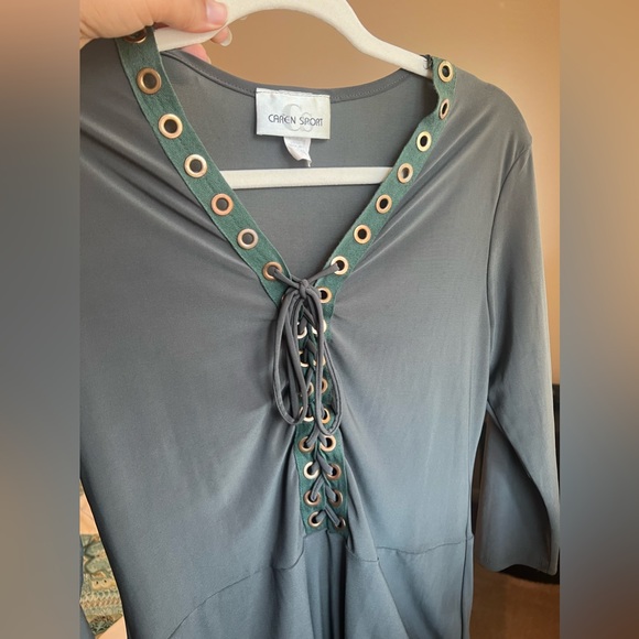 Caren Sport Tops - Caren sport women’s green army Long Sleeve Bodysuit with Lace Up Front size 1XL